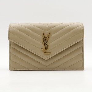 Saint Laurent Cassandre Matelassé Envelope Chain Wallet Dark Beige